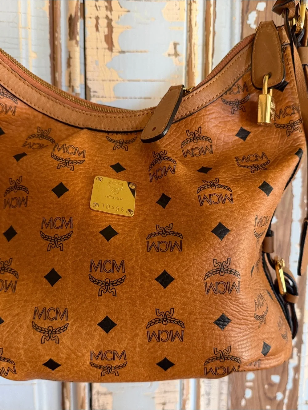 Authentic MCM Cognac Visetos Logo Hobo Shoulder Bag